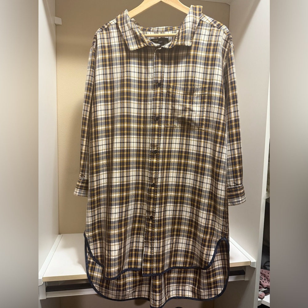 Maje Plaid Longline Shirt Tunic Oversized Button Down Size 1